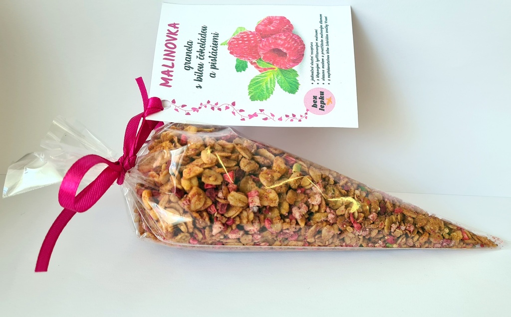 BEZ LEPKU granola Malinovka s bílou čokoládou a pistáciemi 100 g Bazalka PREMIUM
